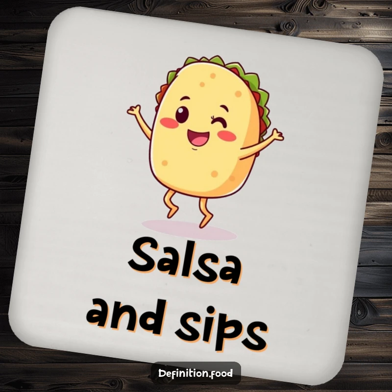Funny coaster featuring a smiling taco with legs doing a joyful jig, protecting surfaces.