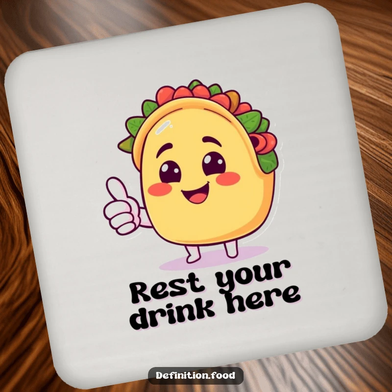 Funny taco coasters showcasing a smiling taco character giving a cheerful thumbs up, protecting surfaces with humor.