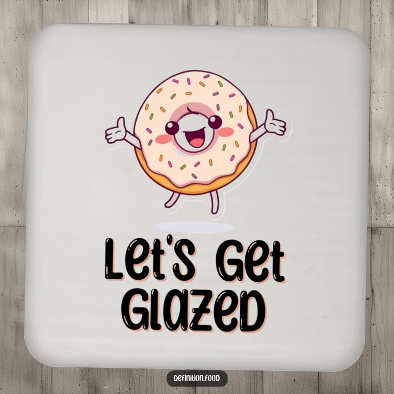 Funny drink coaster featuring a spinning, sprinkle-covered donut character, protecting surfaces with a delightful pop of sugary charm.