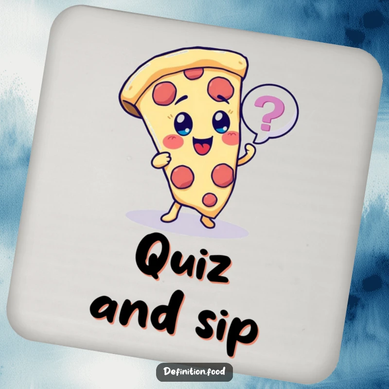 Funny pizza slice character coaster, with a quiz bubble, for stylish table protection.