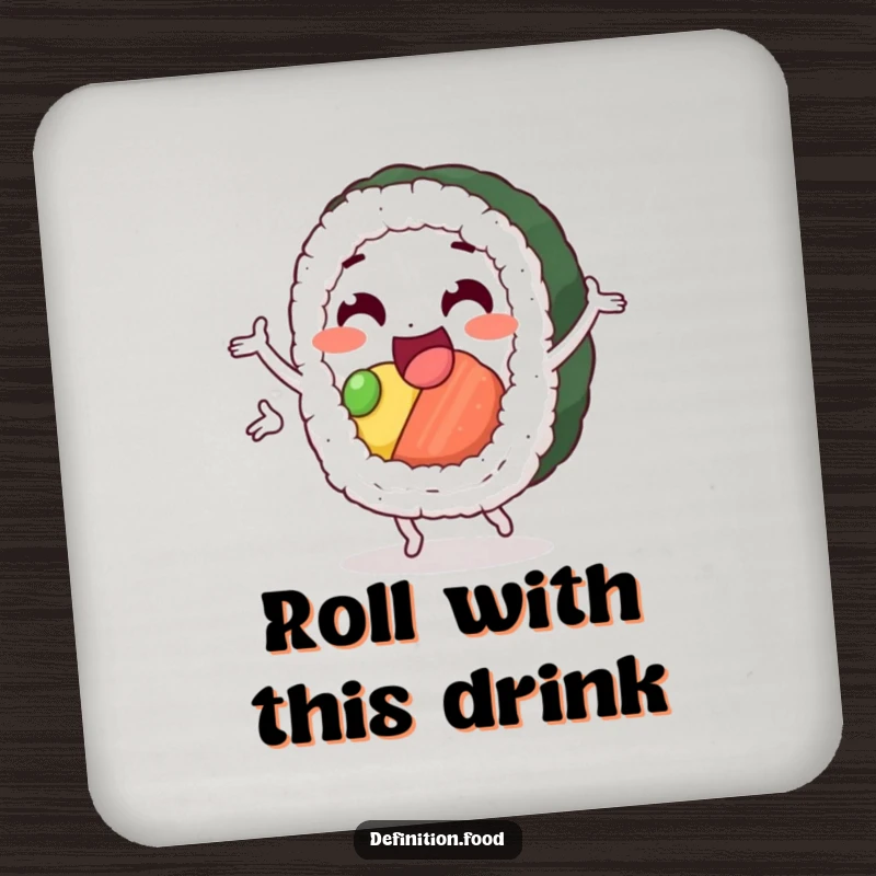 Funny sushi coasters showcasing a delighted sushi roll character performing a happy pirouette, adding decorative flair.