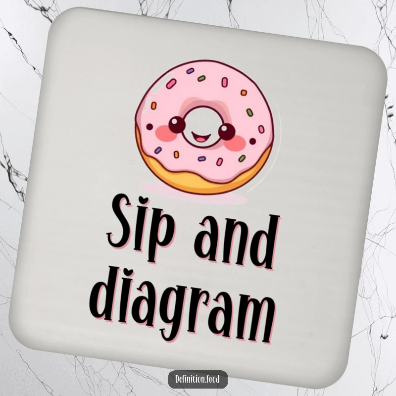 Funny donut diagram drink coaster, a happy donut character explaining a food diagram, protecting tables.