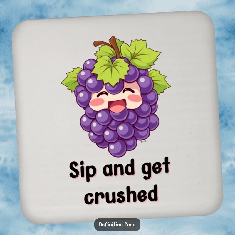 Funny Drink Coaster featuring a giggling bunch of grapes bursting with joy, a small but cheerful piece of fruit decor.