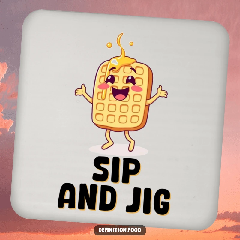 Funny waffle drink coaster, a happy character doing a jig, protects furniture stylishly, a fun funny gift.