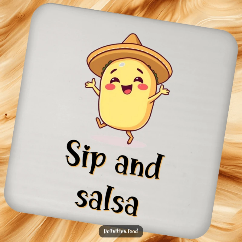 Funny happy taco coaster with a taco in a sombrero, doing an energetic salsa dance to protect surfaces.