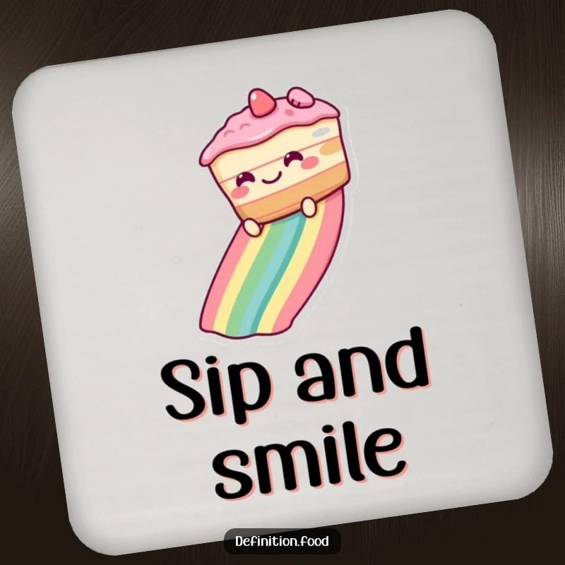 Funny Drink Coaster featuring a grinning cake sliding down a rainbow, a small but humorous piece of dessert-themed decor.