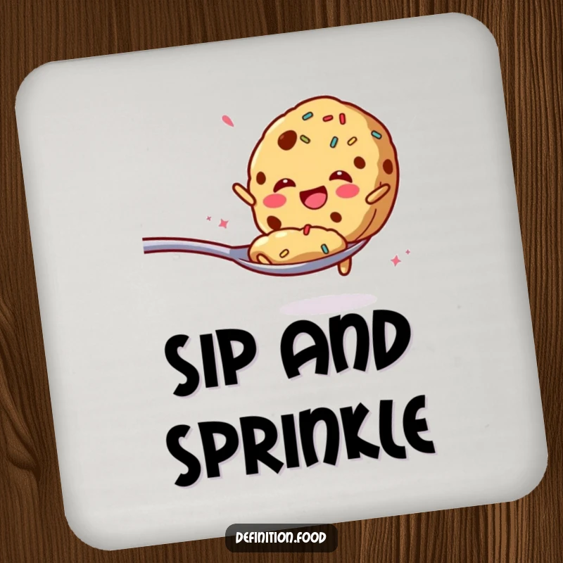Funny coaster with a cookie and sprinkles enthusiastically jumping from a spoon, protecting surfaces.