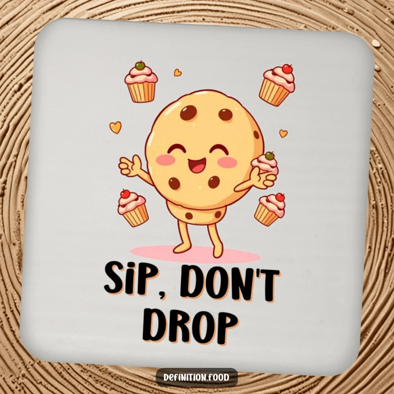 Funny drink coaster showing a cookie character in mid-juggle with several small cupcakes, adding a humorous element to beverage service.
