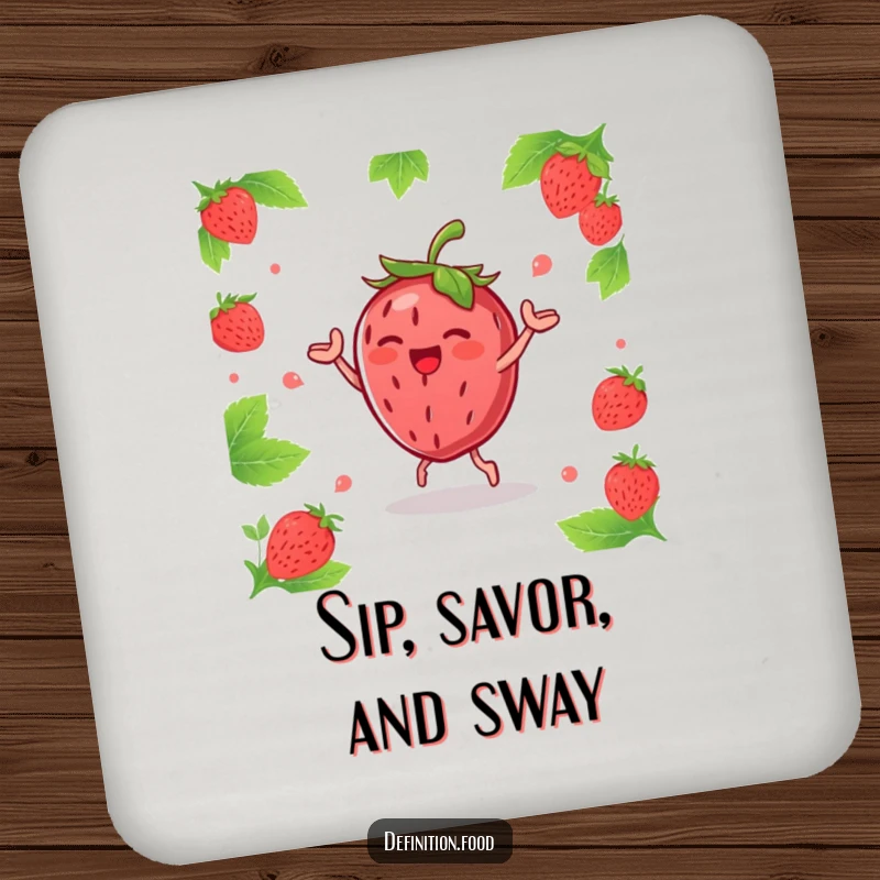 Funny joyous strawberry character doing a happy dance with leaves, placed on a cheerful and humorous drink coaster.
