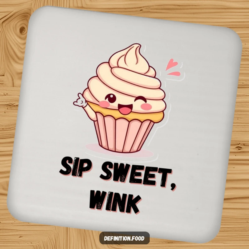Funny coaster with a happy cupcake character giving a celebratory wink, protecting tables with charm and humor, a funny gift.