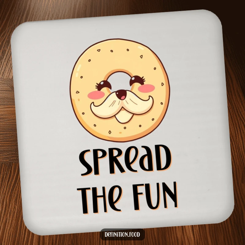 Funny drink coaster featuring a smiling bagel character proudly sporting a cream cheese mustache, protecting surfaces with breakfast-inspired charm.