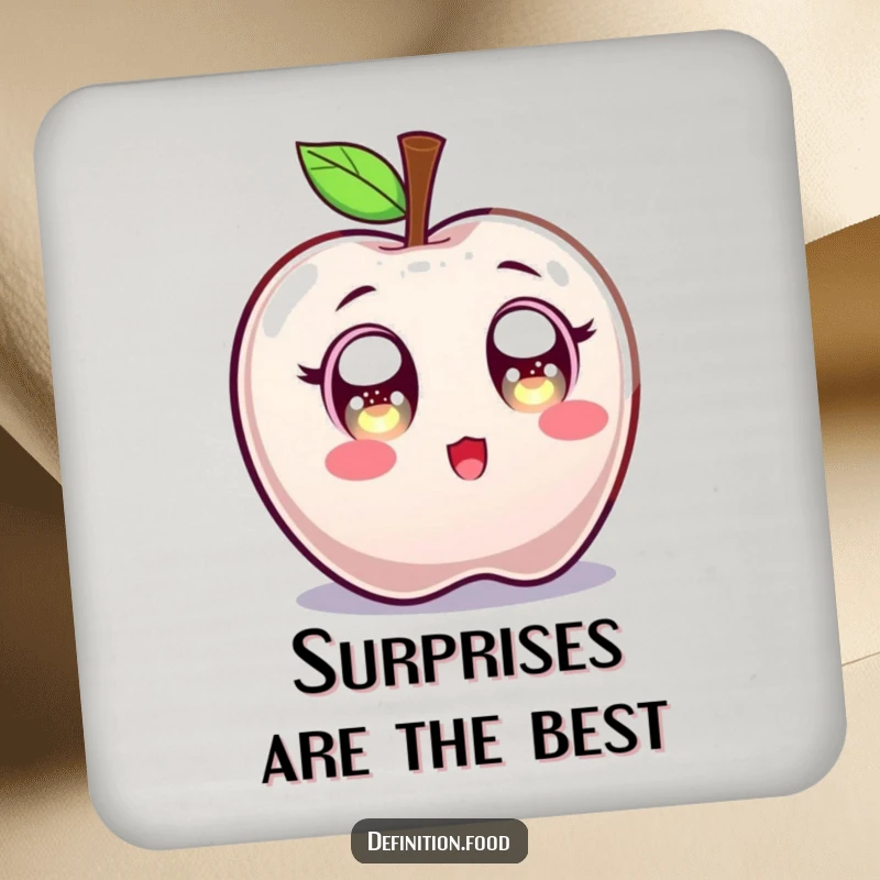 Funny coaster with a candy apple character wide-eyed with sparkling surprise, adding a touch of sweet astonishment to your table.