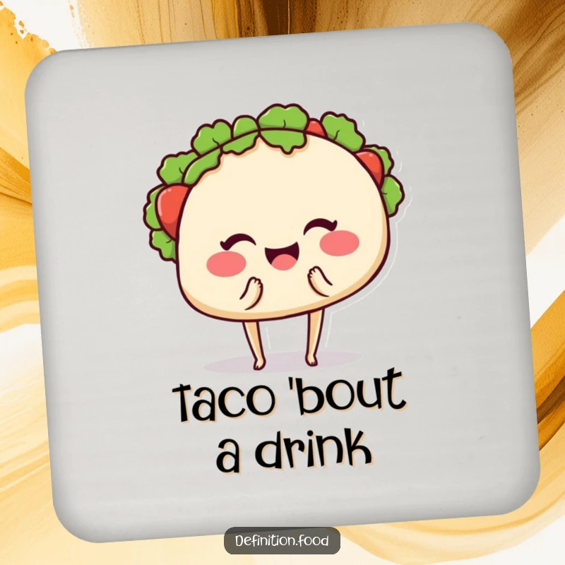 Funny drink coaster with a smiling taco on tiny legs, winking and offering a bite, a humorous way to protect furniture.