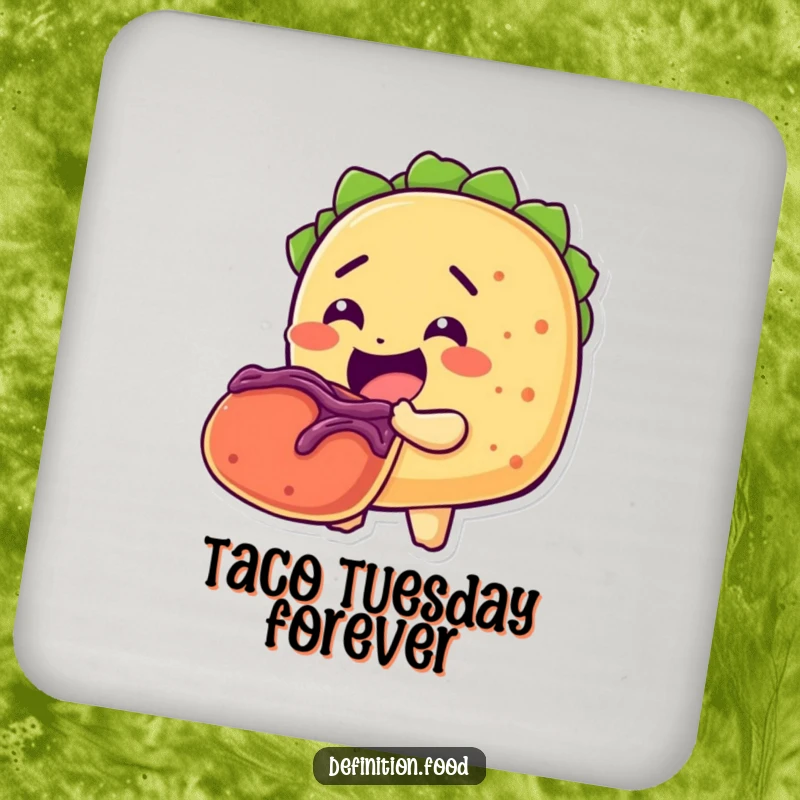 Funny drink coaster showing a happy taco character taking a huge bite, adding a fun and humorous element to any table setting.