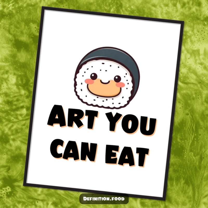 Funny sushi roll poster, a cheerful sushi character presenting a tiny abstract food shape, visually appealing decor.