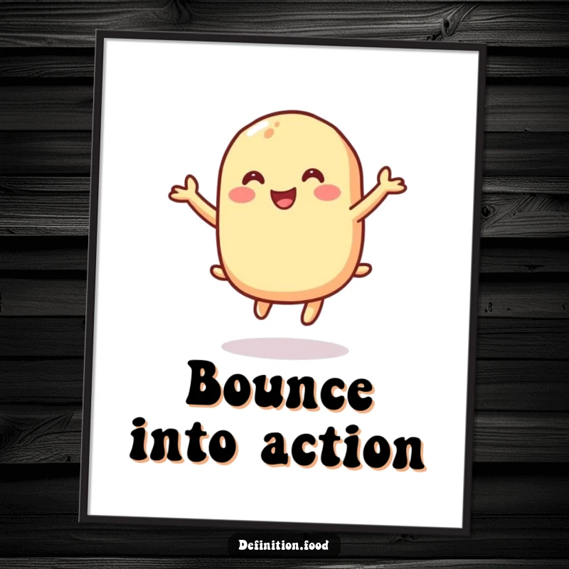 Funny poster of a macaroni character gleefully bouncing, perfect for whimsical decor and a funny gift.