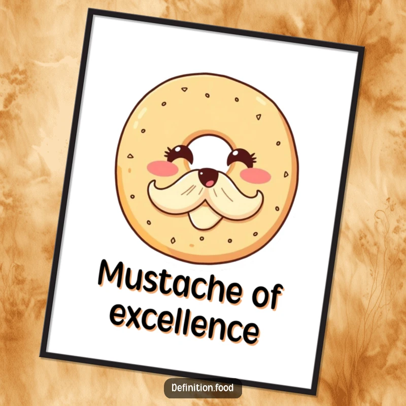 Funny poster art of a smiling bagel character proudly displaying a cream cheese mustache, bringing a charming and humorous breakfast theme to walls.