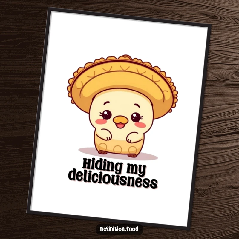 Funny mischievous burrito character peeking from under a sombrero, presented as a vibrant and humorous art print.