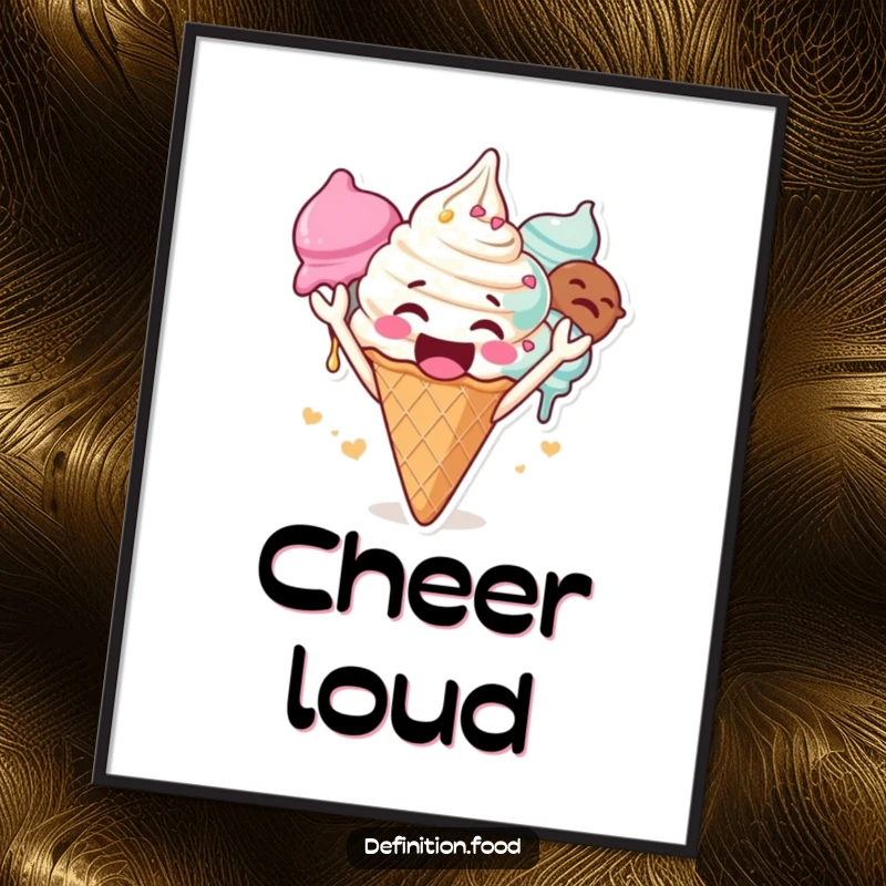 Funny ice cream poster, a gleeful character cheering loudly with multiple scoops, vibrant art, celebratory decor, funny gift.
