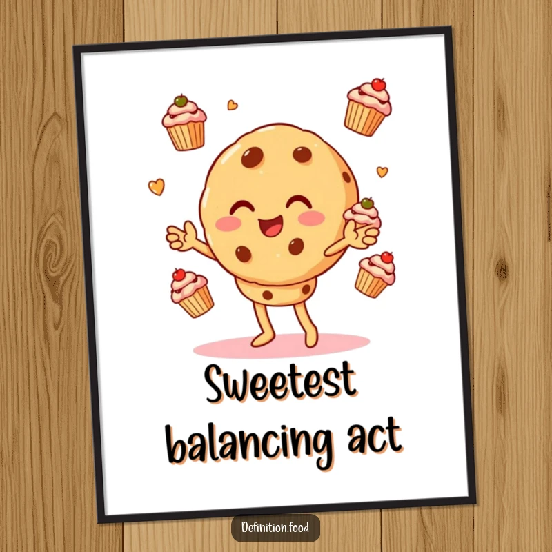 Funny poster artwork of a cookie character enthusiastically juggling several tiny cupcakes, adding a whimsical touch to any wall.