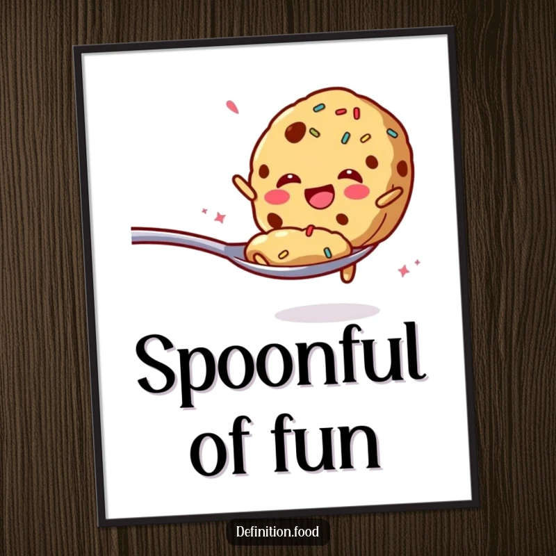 Funny poster featuring a cookie with sprinkles enthusiastically jumping from a spoon, perfect for decor.