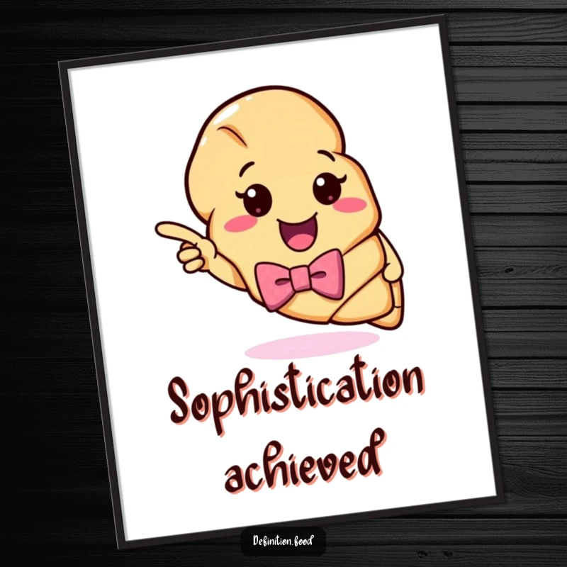 Funny Croissant Definition Poster: A charming croissant with a bow tie points to a brightly colored, witty definition, perfect for wall decor.