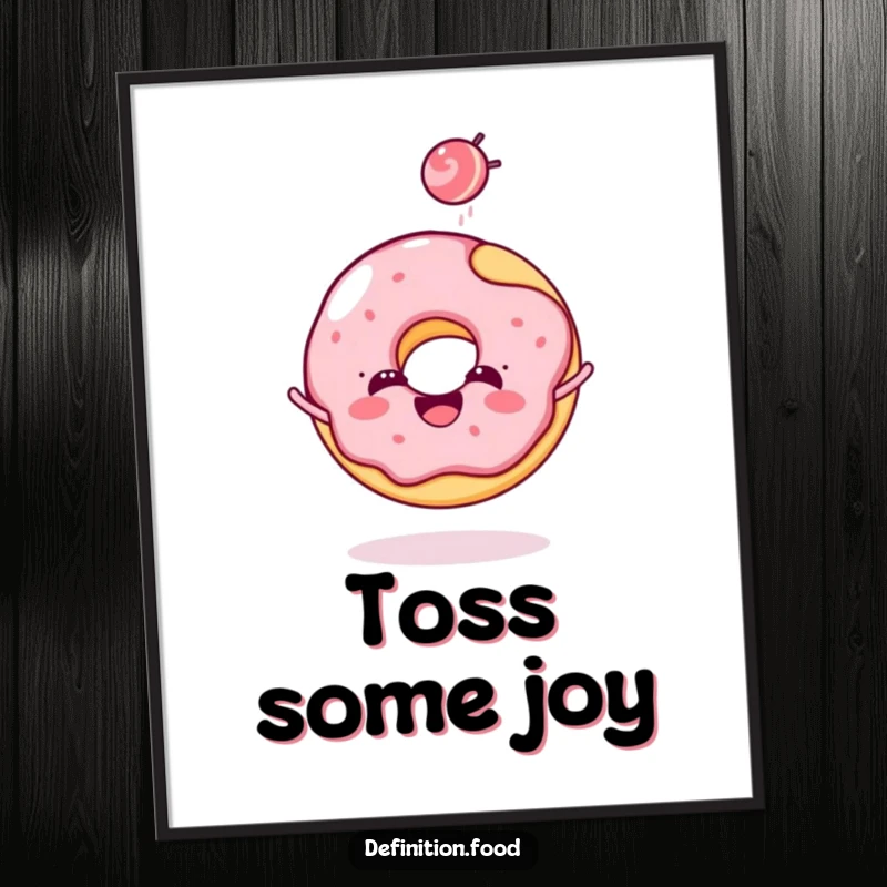 Funny donut poster showcasing a cheerful donut character joyfully tossing a tiny candy, adding sweet art.