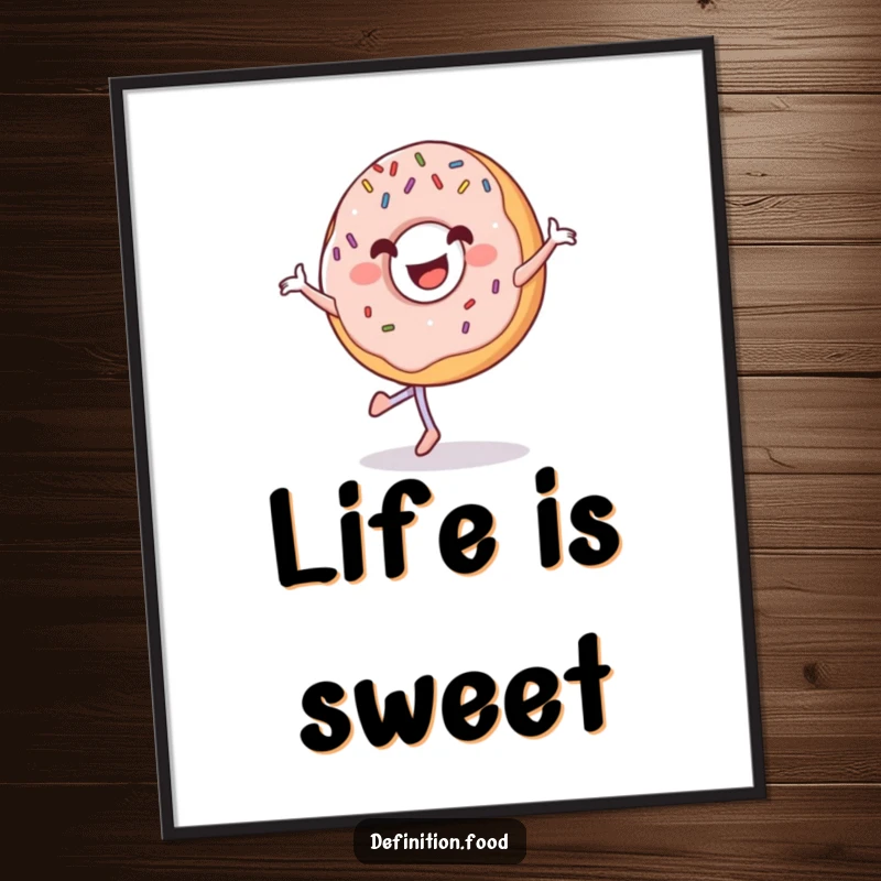 Funny grinning donut poster with sprinkles, captured mid-pirouette, bringing a sweet and happy vibe.