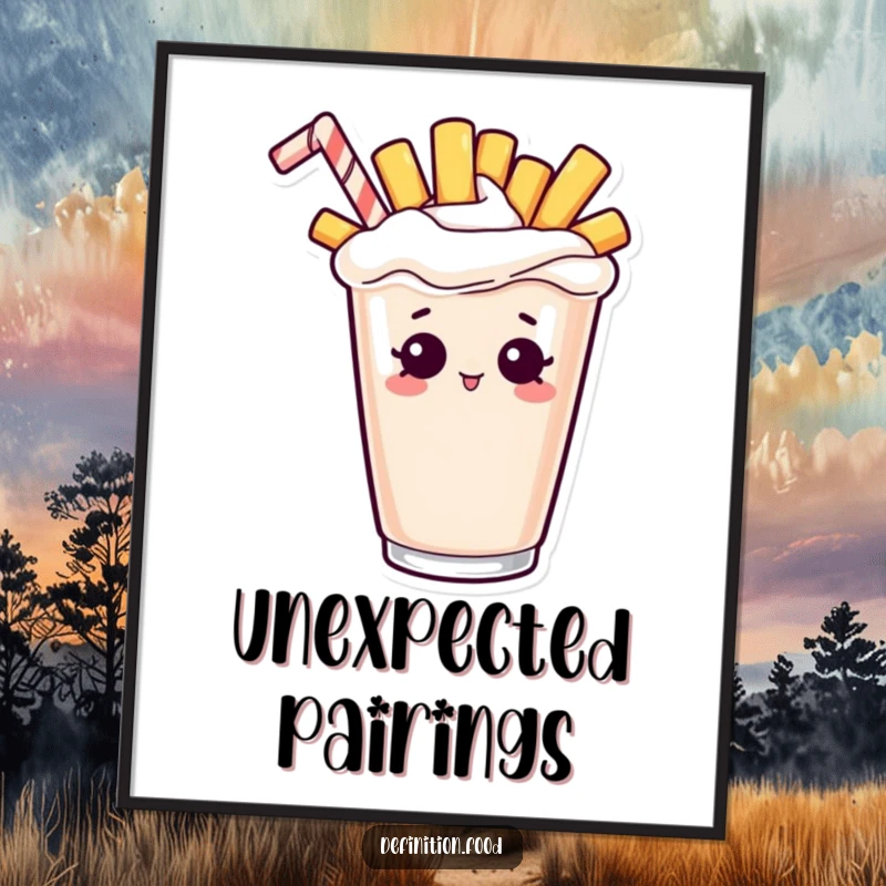 Funny poster print of a curious french fry character peeking mischievously out of a creamy milkshake.