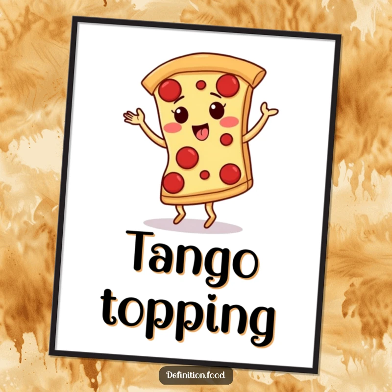 Funny poster art of a joyful, giggling pizza slice with pepperoni spots performing a dynamic tango dance, full of energy.