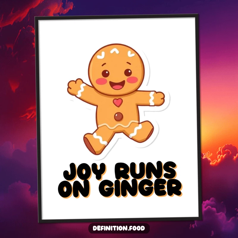 Funny poster art of a joyful, skipping gingerbread man character, bringing a cheerful and delightful holiday vibe to any wall.