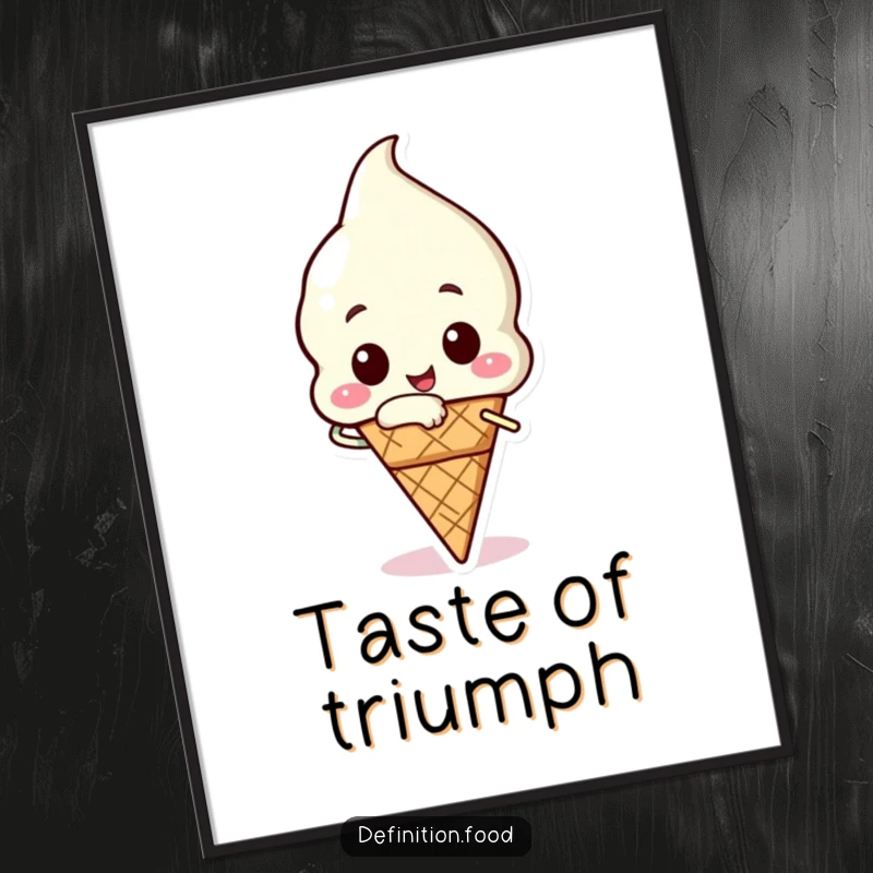 Funny ice cream poster showcasing a happy ice cream cone character taking a triumphant bite, adding sweet wall art.