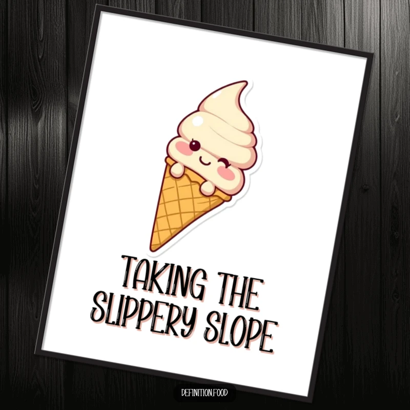 Funny ice cream cone character in mid-slide down a waffle cone, captured in a vibrant and humorous poster.