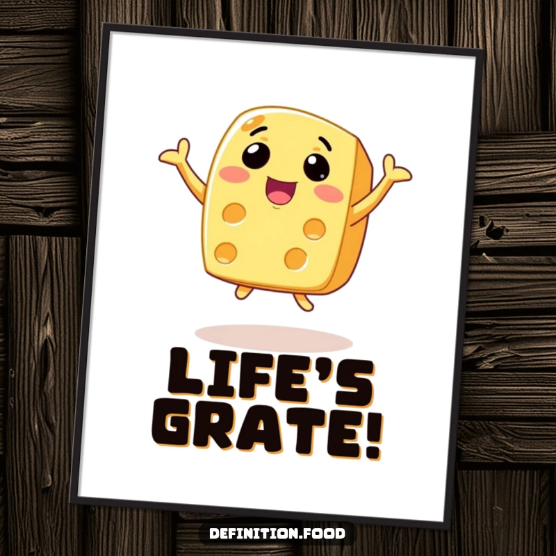 Funny animated cheese poster with a wide smile, captured mid-leap, radiating pure, cheesy joy.