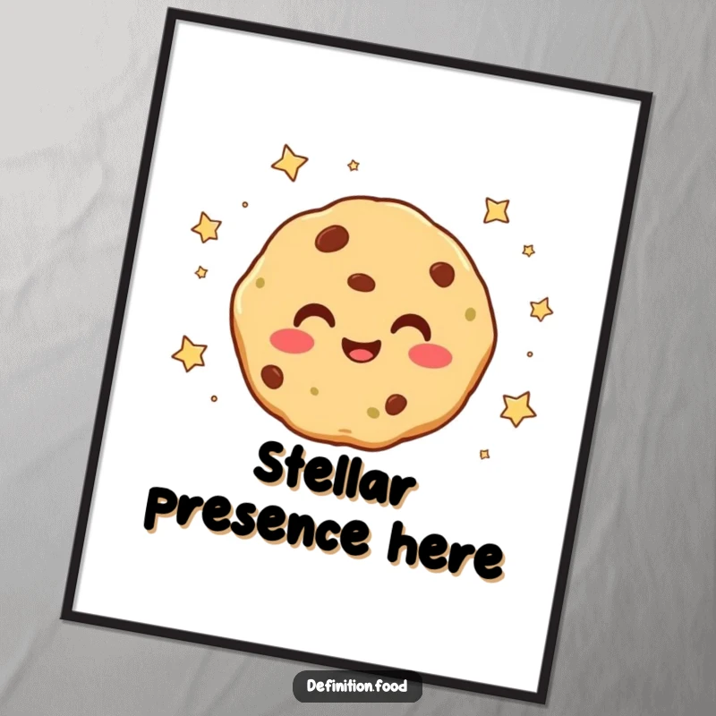 Funny smiling cookie character with tiny stars falling around it as a poster, creating a magical and joyful piece of wall art.