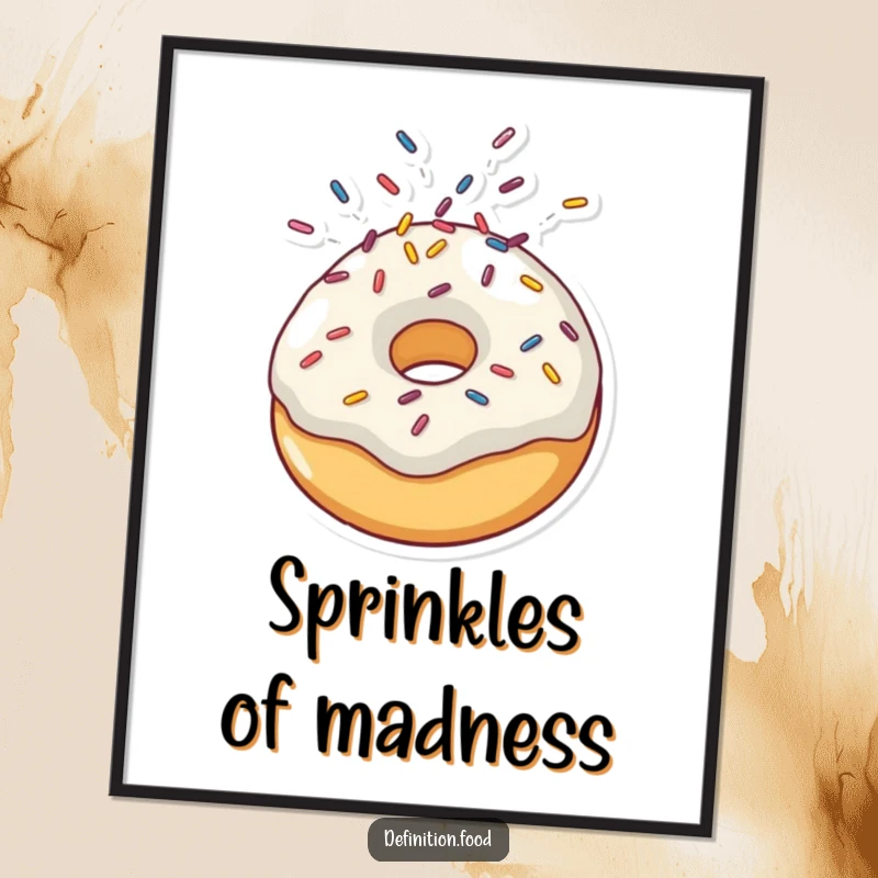 Funny poster art of a doughnut character experiencing a joyful sprinkle explosion, bringing vibrant color and humor to any room.