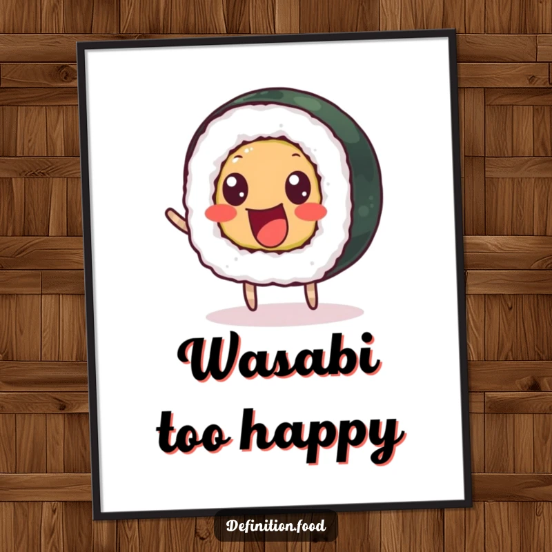 Funny poster featuring a delighted sushi roll with beady eyes bouncing happily, perfect for cheerful decor.