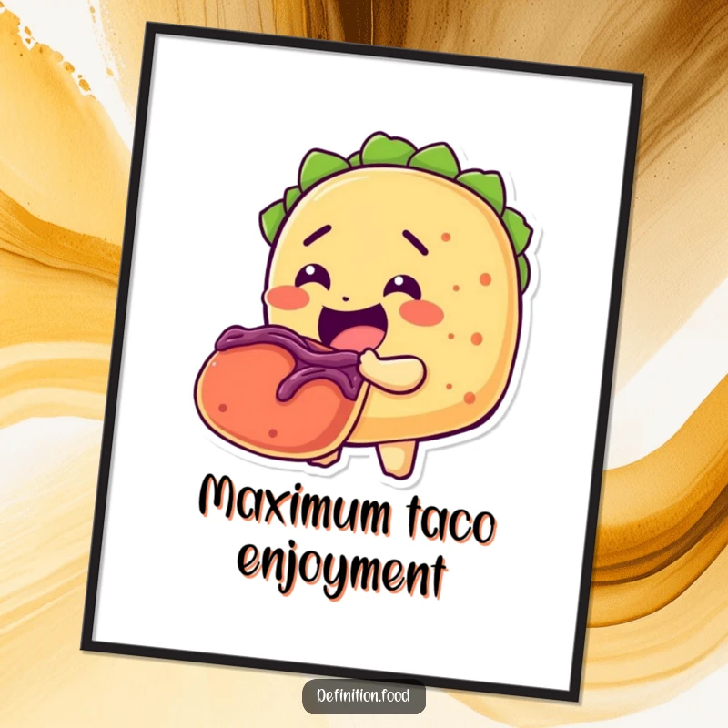 Funny poster art of a cheerful taco character devouring another taco, radiating pure foodie joy and humor.