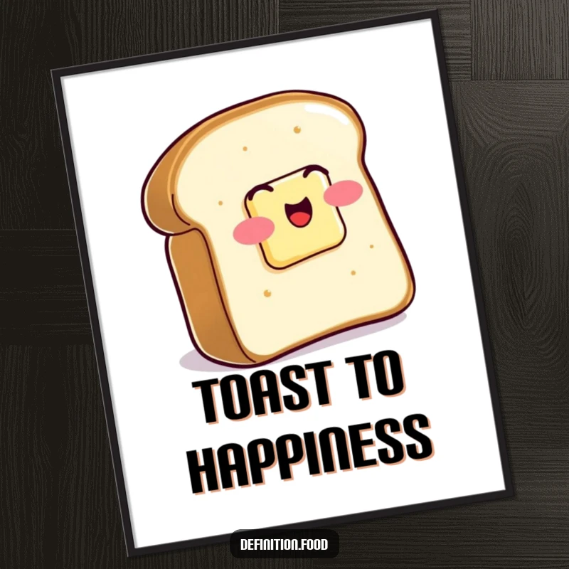Funny Poster depicting a slice of buttered toast wiggling with glee, a humorous and appetizing piece of wall art.