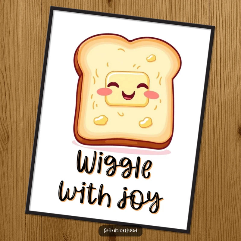 Funny toast and butter poster, wiggling with glee, adding vibrant breakfast humor to walls. Excellent funny gift.