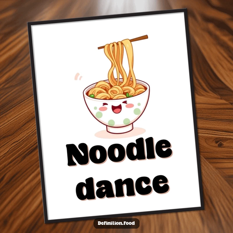 Funny ramen poster, a bowl of noodles doing a happy wiggle, vibrant colors, culinary art, funny gift.