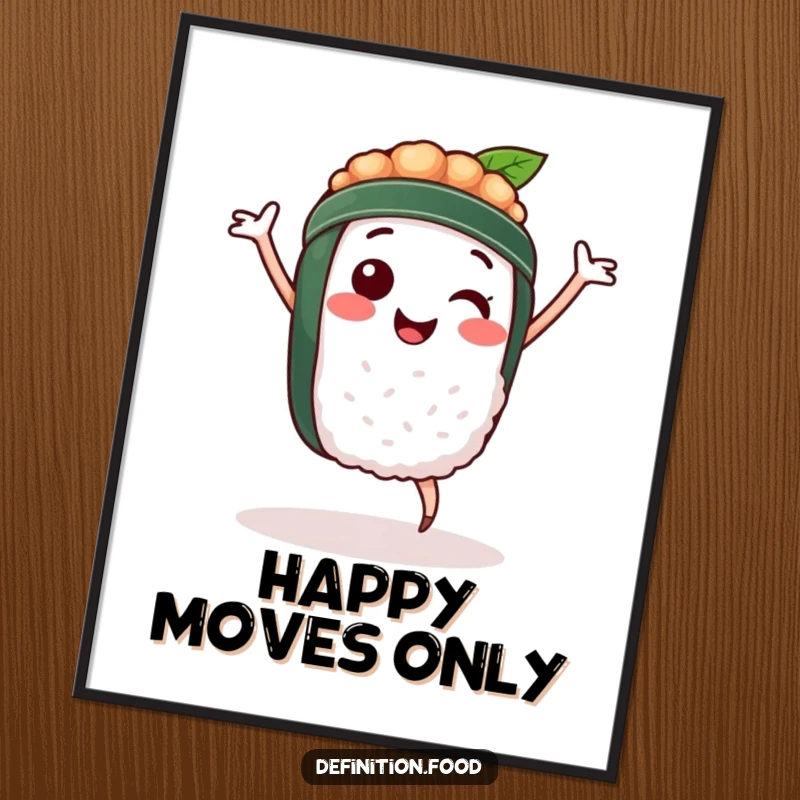 Funny poster art of a smiling sushi character in mid-dance, radiating happiness and a love for all things delicious.