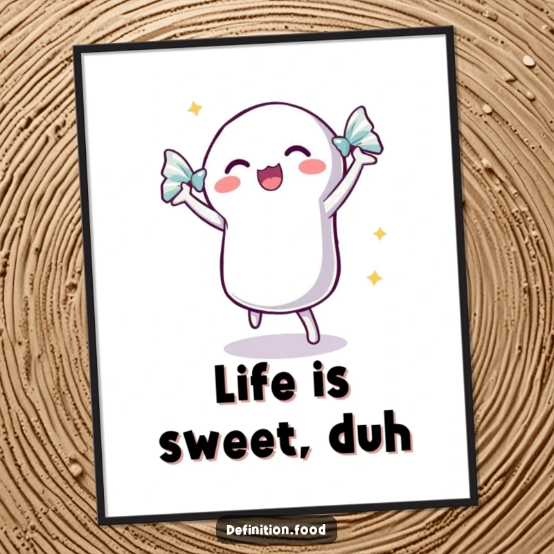 Funny dancing candy poster art of an excited candy with a shimmering wrapper, dancing with pure joy.