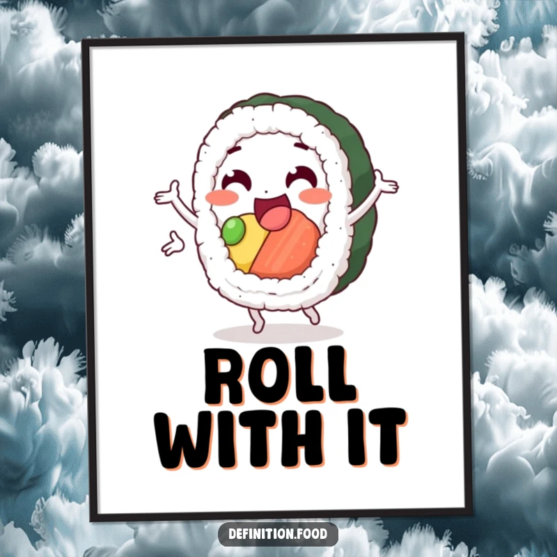 Funny sushi poster depicting a delighted sushi roll character performing a happy pirouette, adding artistic charm to walls.