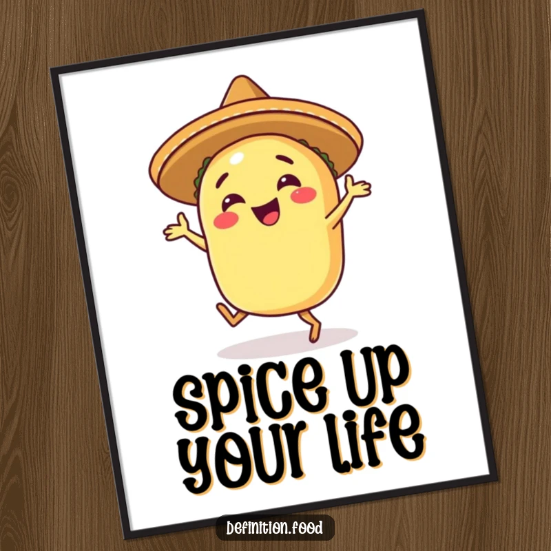 Funny happy taco poster with a sombrero, captured mid-salsa dance, radiating pure, festive joy.