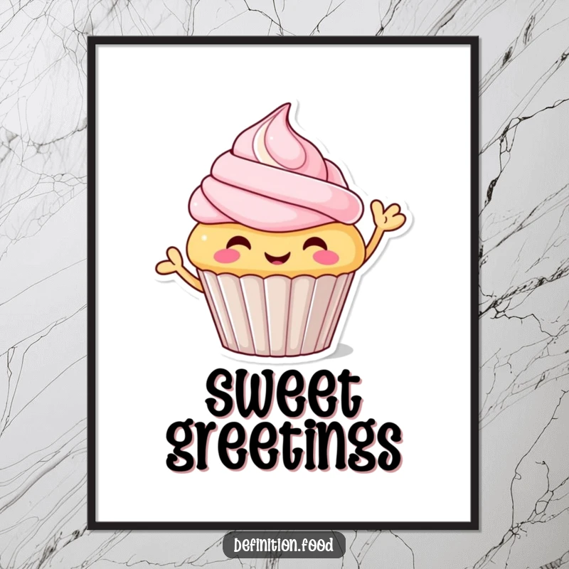Funny waving cupcake character poster, bright frosting, cheerful demeanor, adding a pop of fun to wall decor, funny gift.