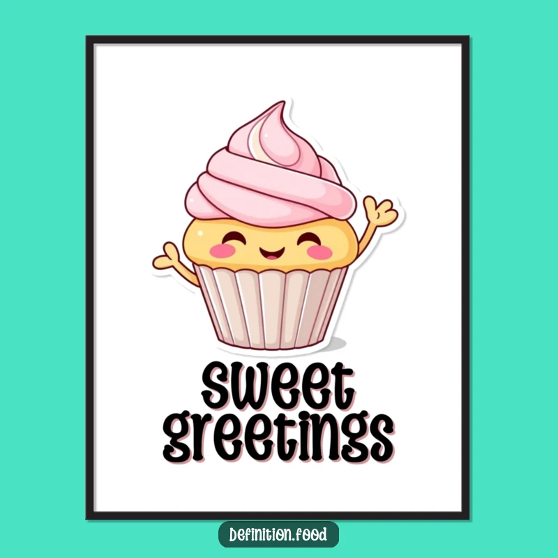Funny Waving Cupcake Poster - Cheerful Character Art for a Happy Home