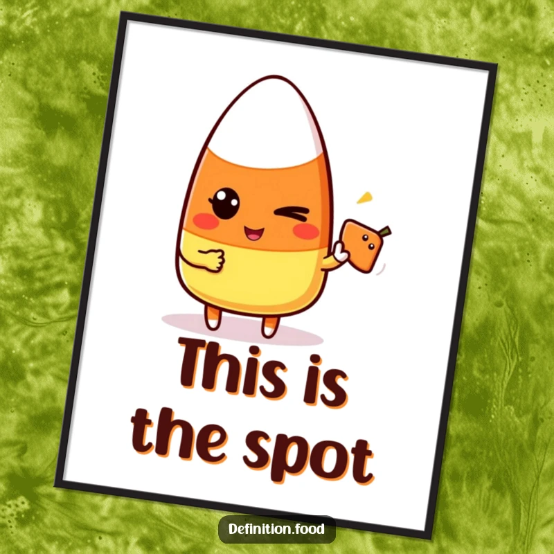 Funny candy corn character winking and pointing at a simple food icon, displayed as playful and humorous wall art.