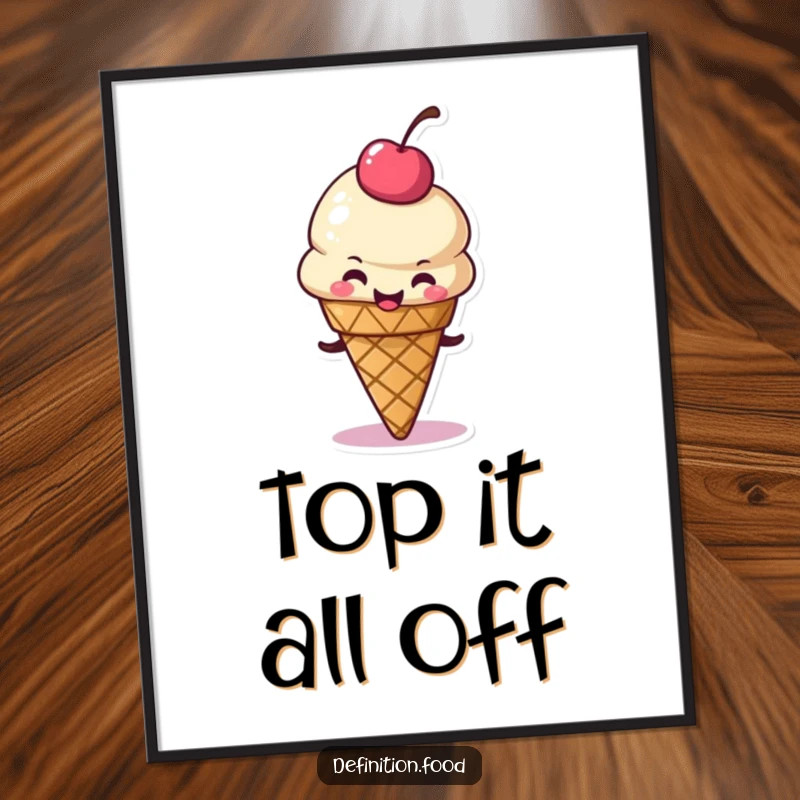 Funny poster art of a delighted ice cream cone character wiggling its cherry topping, bringing a cheerful and sweet vibe to any wall.