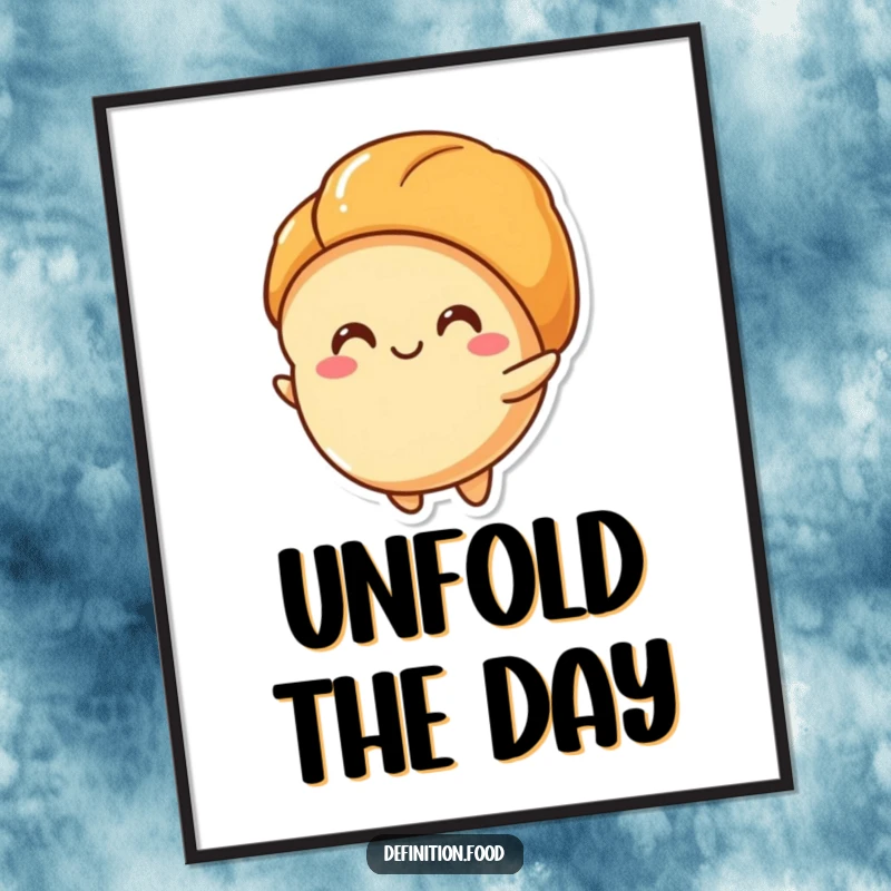 Funny poster showcasing a croissant character happily unfurling its layers, perfect for kitchen decor and a funny gift.